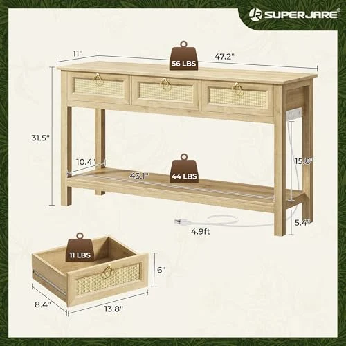 Rattan Console Sofa Table with Outlets and USB-C for Entryway detail