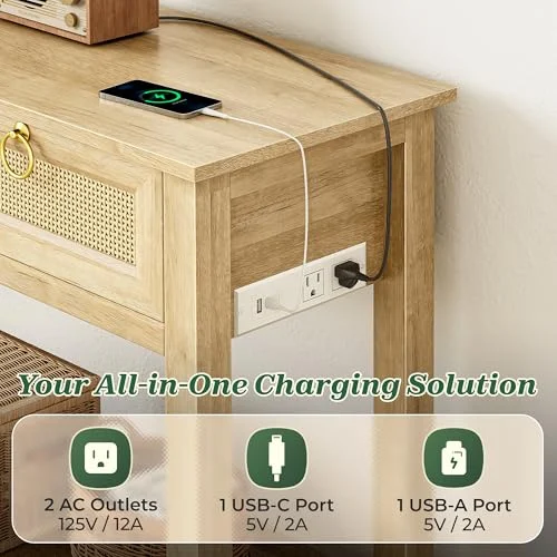Rattan Console Sofa Table with Outlets and USB-C for Entryway features