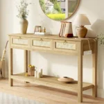 Rattan Console Sofa Table with Outlets and USB-C for Entryway
