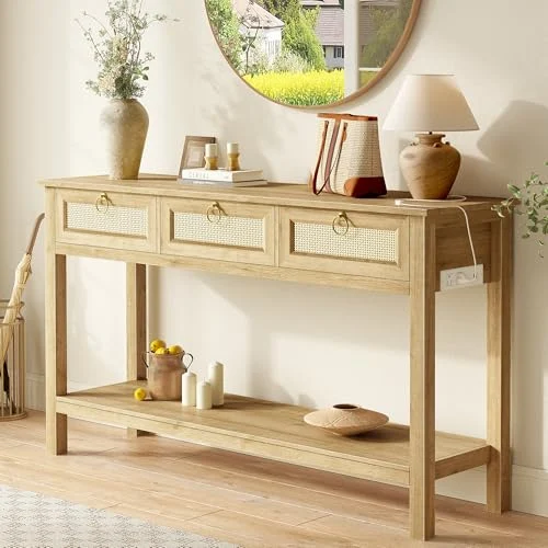 Rattan Console Sofa Table with Outlets and USB-C for Entryway review