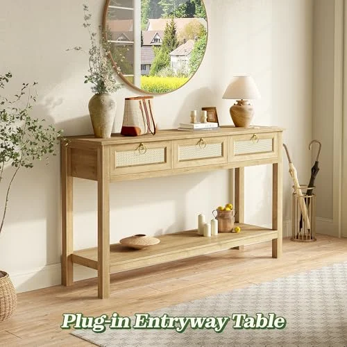Rattan Console Sofa Table with Outlets and USB-C for Entryway showcase