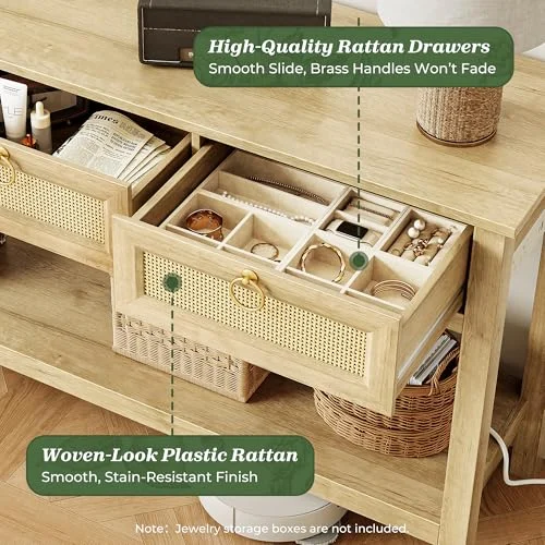 Rattan Console Sofa Table with Outlets and USB-C for Entryway unboxing