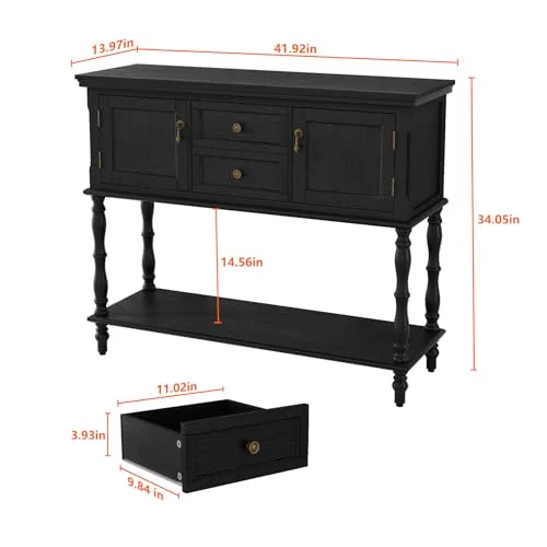 Retro Console Table with 2 Doors and Open Storage Shelf detail
