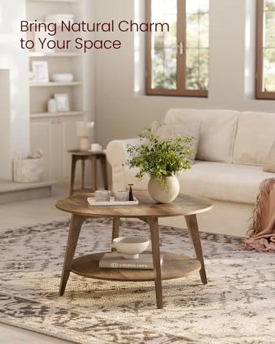 Round Coffee Table with 2-Tier Design and Easy Assembly for Living Room features