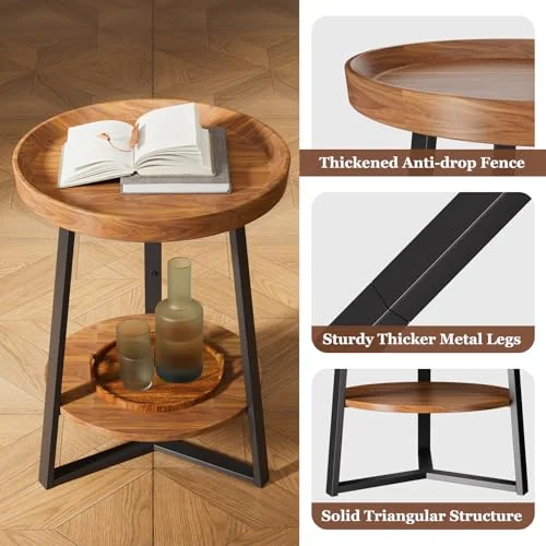 Round End Table with Storage Shelf and Metal Frame for Farmhouse Decor features
