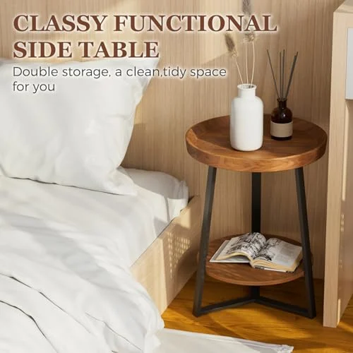 Round End Table with Storage Shelf and Metal Frame for Farmhouse Decor unboxing