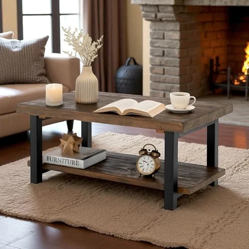 Rustic Coffee Table with Storage Shelf for Industrial Living Room Style detail