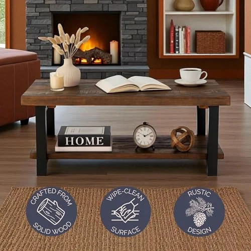 Rustic Coffee Table with Storage Shelf for Industrial Living Room Style features