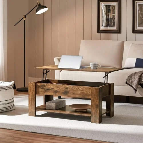 Rustic Lift Top Coffee Table with Large Hidden Storage Shelf detail