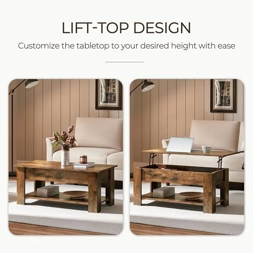 Rustic Lift Top Coffee Table with Large Hidden Storage Shelf features