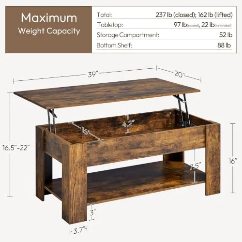 Rustic Lift Top Coffee Table with Large Hidden Storage Shelf showcase