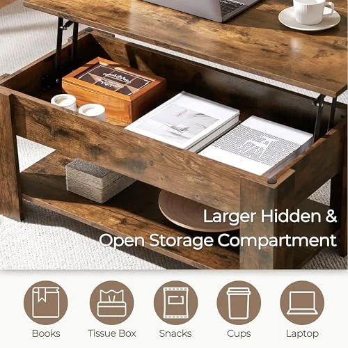 Rustic Lift Top Coffee Table with Large Hidden Storage Shelf unboxing