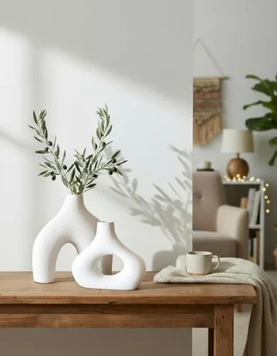 Set of 2 Ceramic Donut Vases for Minimalist Home Centerpieces features