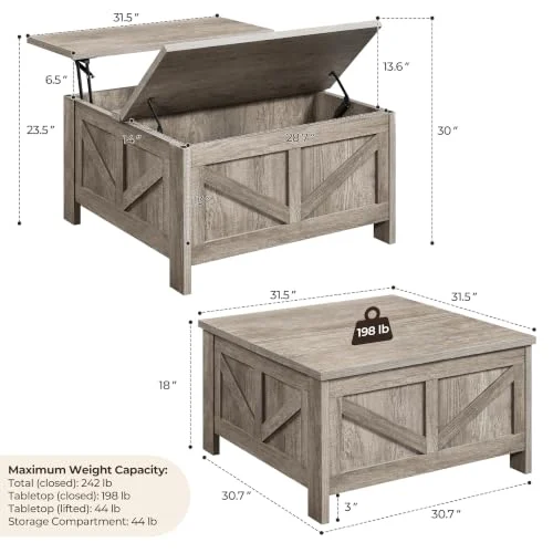 Square Farmhouse Coffee Table with Hidden Storage for Small Spaces detail