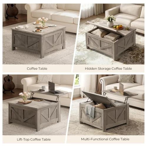 Square Farmhouse Coffee Table with Hidden Storage for Small Spaces features