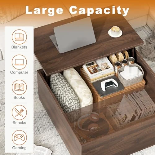Walnut Lift Top Coffee Table with Hidden Storage for Modern Living features